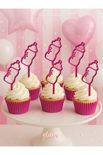 GLAM DEKORASYON Biberon Pembe Girl 6lı Cupcake Pasta Kürdanı, Cinsiyet Partis...