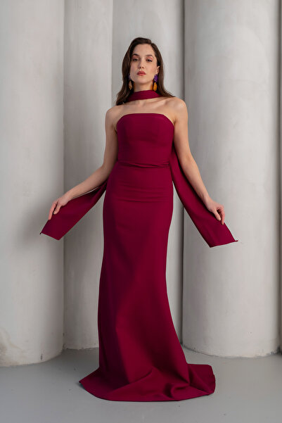 OFZE Kadın Mürdüm Dar Kalıp Şal Yaka Detay Uzun Abiye Elbise