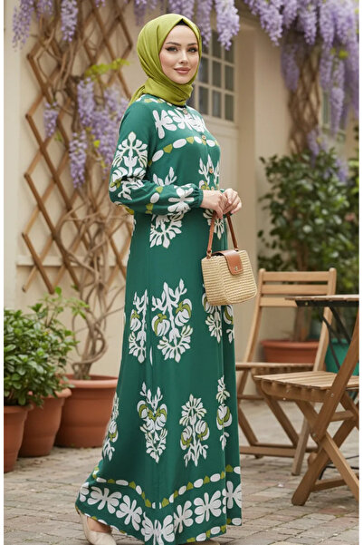 sefamerve Φόρεμα με σχέδια και ελαστικά μανίκια από βισκόζη 2201-02 Πράσινο