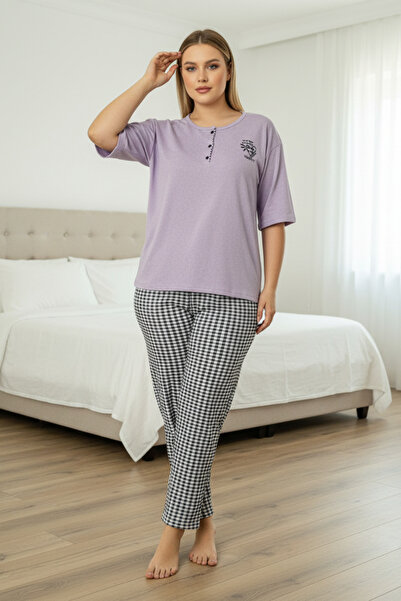 Fanwet Women's Plus Size Patterned Short Sleeve Summer Pajama Set