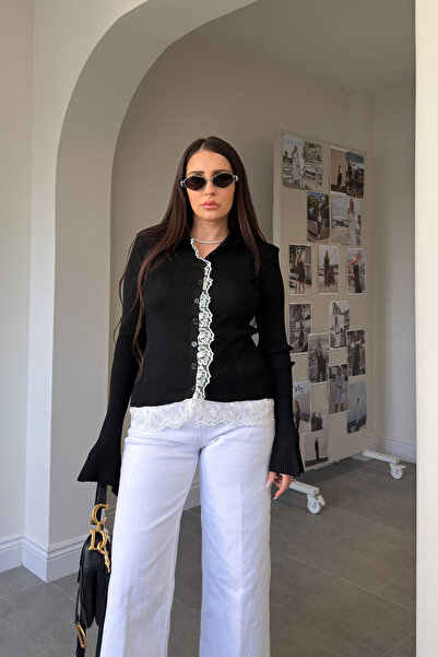 MAGARDE High Collar Lace Detailed Design Cardigan - Black