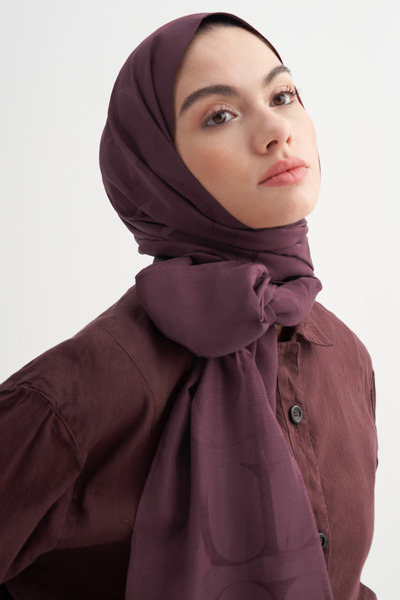 carell Monogram Desen Rina Floş Jakar Şal Patlıcan Moru