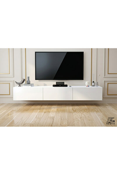SEMİH MOBİLYA Modern Mdf Duvara Monte 180 cm Beyaz TV Ünitesi – Minimalist Şı...
