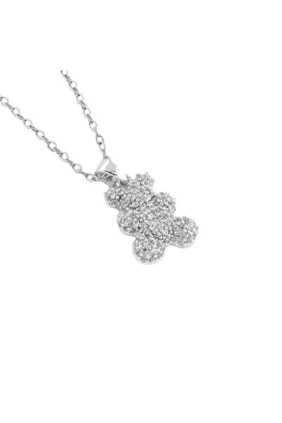 AXXION Zircon Stone Teddy Bear Necklace Silver Color Non-Tarnish Steel Stylis...