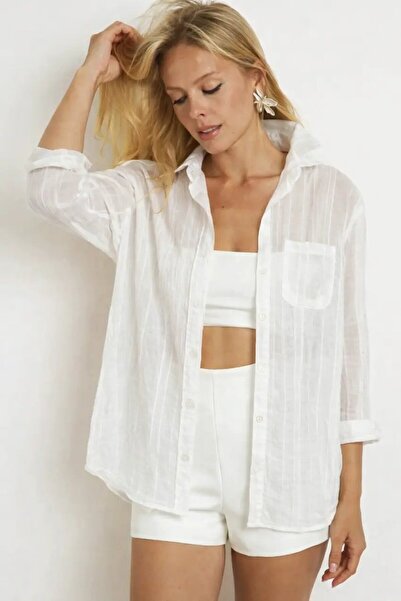 Cool & Sexy Εκρού ριγέ διαφανές γυναικείο πουκάμισο με υφή oversized