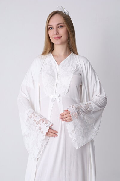 Lohussa New Season Ecru Summer Premium Lace Detailed Full Length Short Sleeve...