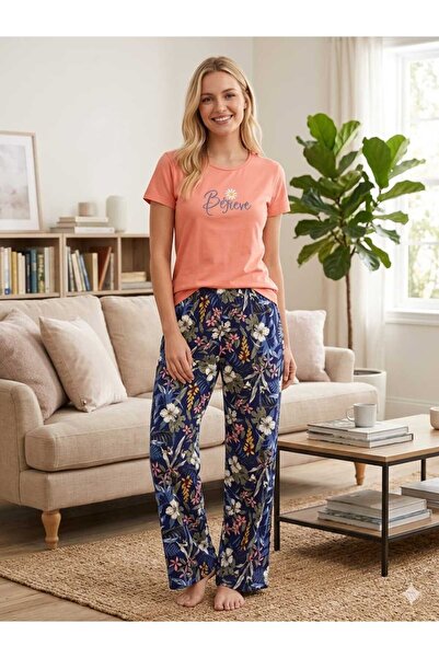 Asel Set de pijamale din țesătură de viscoză din bumbac pieptănat, cu mâneci ...