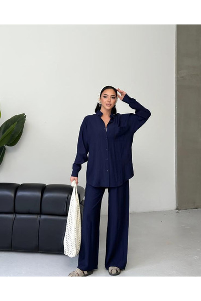 Butik Women's Navy Blue Shirt Set Strawberry Fabric