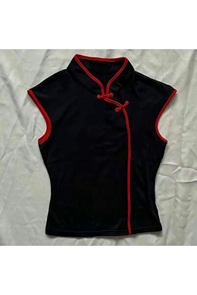İsra Ayyıldız Moonstar Collection Siyah Mandarin yaka kırmızı şeritli Chenese...