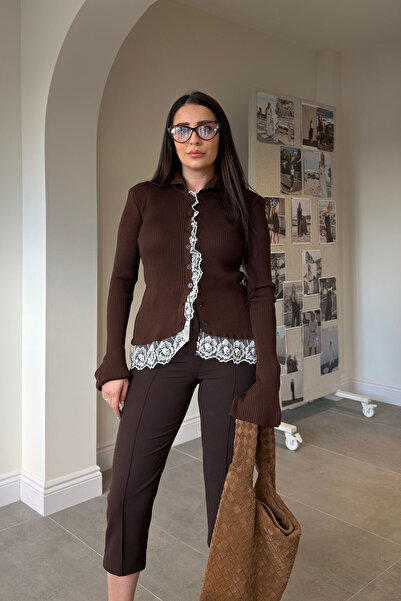 MAGARDE High Collar Lace Detailed Design Cardigan - Brown