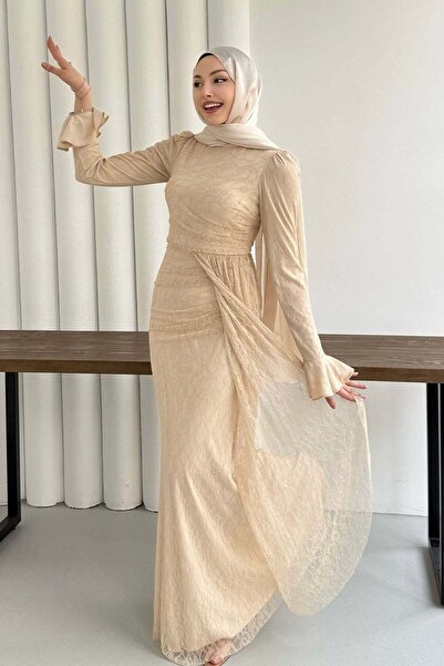 Modaensarbutik Elegance Dantel ve Volan Detaylı Tesettür Abiye-BEJ