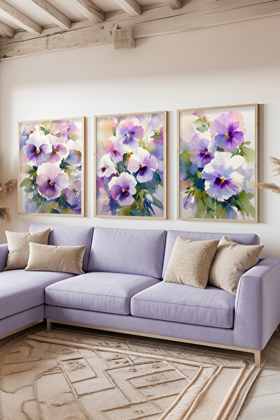 STARYUNA Ξύλινο σετ τριών πινάκων ζωγραφικής με μωβ λουλούδια και ακουαρέλα U...