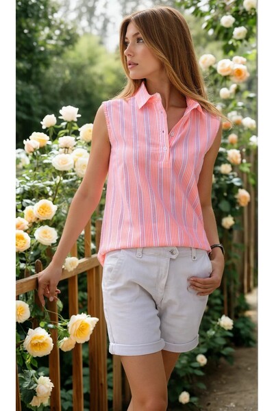 Pasaklı Giyim Women's Pink Striped Scallop Fabric, Patched, Zero Sleeve Summe...