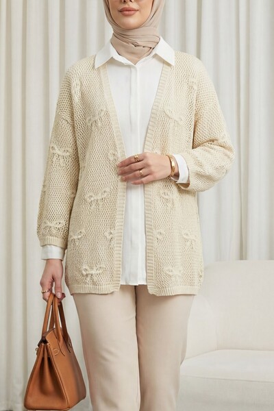 Modamorfo Ζακέτα πλεκτή διάτρητη με σχέδιο φιόγκου - κρεμ