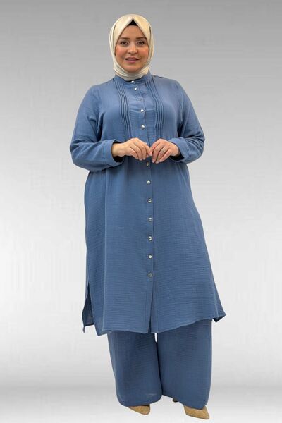 Eslina 67023 Plus Size Muslin Trouser Suit with Pleated Front Detail - Indigo