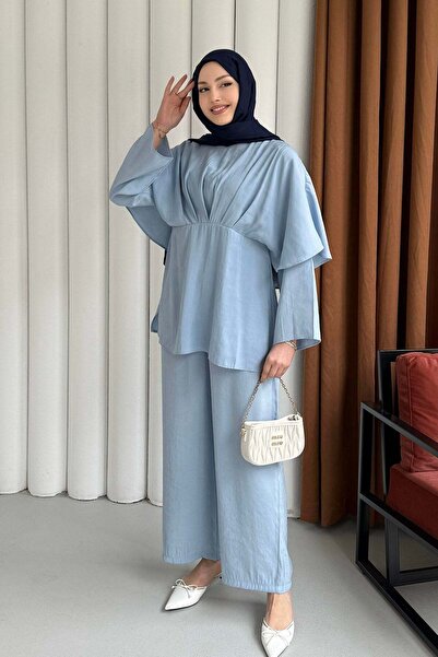 Modaensarbutik Linda Arka Pelerin Detay Pantolon Tesettür Takım-BEBE MAVİ