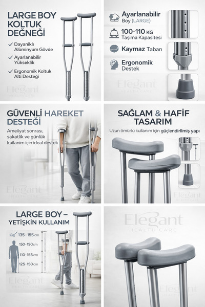 EyluX Shop Koltuk Altı Değneği Alüminyum Pimli Ayarlanabilir Boy Çift LARGE (...