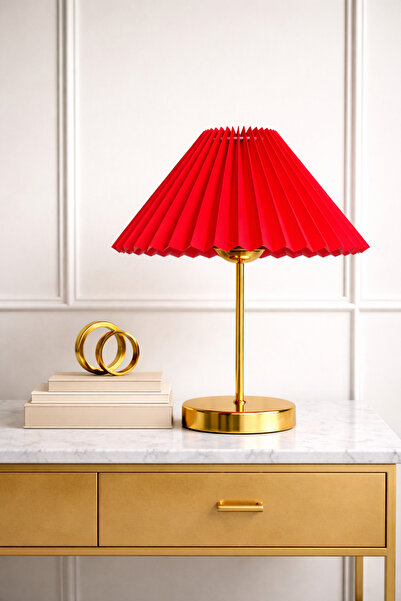 EvLight Liora Metal Gold Legged Pleated Red Nightstand Lampshade