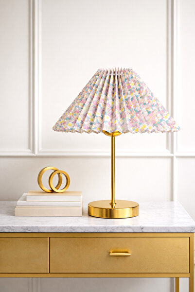 EvLight Liora Metal Gold Ayaklı Pileli Reyyam Çiçek Komidin Başı Abajur