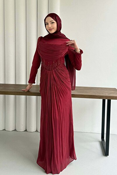 Modaensarbutik Taş İşlemeli Korse Detaylı Tesettür Abiye-BORDO