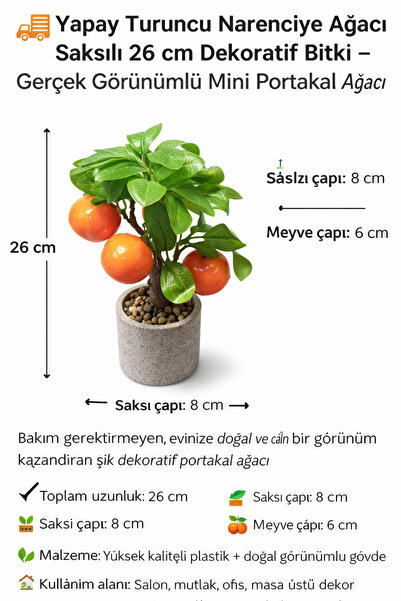 aymumi home Yapay Mandalina Ağacı Saksılı 26 cm Dekoratif Bitki – Gerçek Görünümlü Mini Narenciye Ağacı