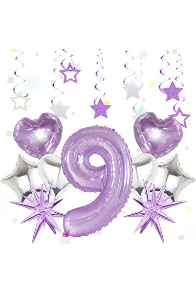 DÜVENCİ TİCARET Σετ μπαλόνια για πάρτι γενεθλίων με μωβ αριθμούς, αστερία, κα...
