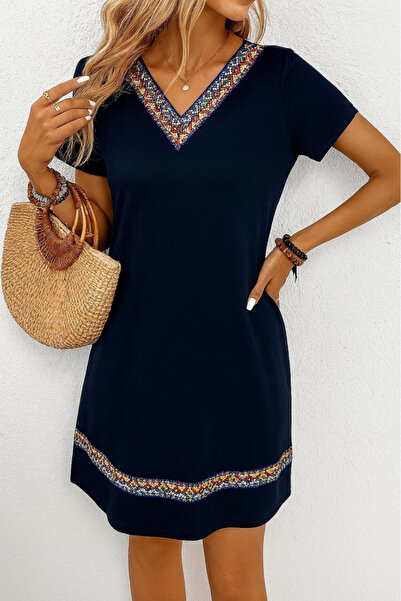 Generic Brand Women's Short Sleeve V-Neck Ethnic Pattern Stripe Detailed Visc...
