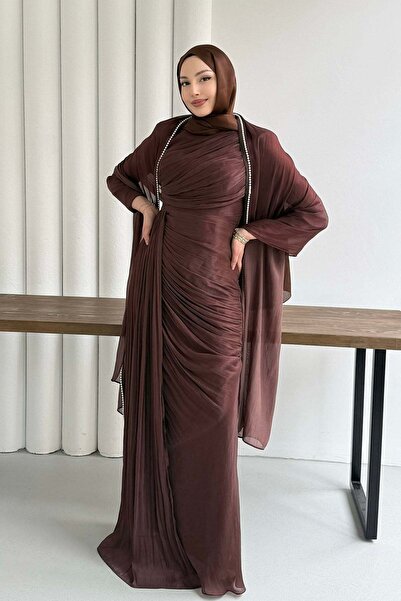 Modaensarbutik Royal İnci Fular & Şal Detaylı Tesettür Abiye-KAHVERENGİ