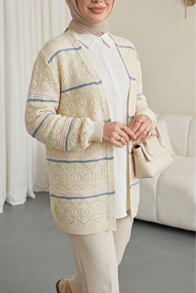 Modamorfo Colorful Striped Openwork Patterned Knitwear Cardigan -Beige