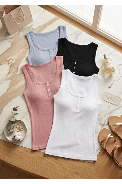 Loule Women's Cotton 4-Piece Button Detailed Camisole Undershirt Set - Breath...
