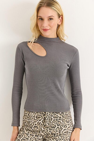 Raneel Kazançlı Alışveriş Women's ribbed fisherman neck blouse with window gray