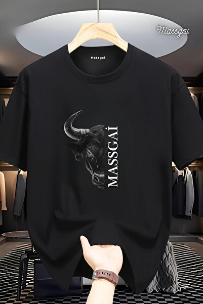 Massgai Tricou unisex supradimensionat, 100% bumbac, cu imprimeu cu cap de taur