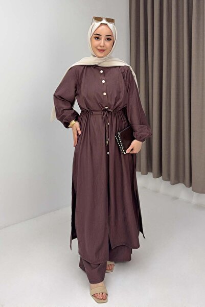 Raneel Kazançlı Alışveriş Women's Belted Buttoned Long Tunic Double Set Brown