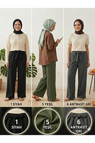 MODA YILDIZ Women's Black Green Anthracite Gray 3-Pack Seersucker Elastic Cas...