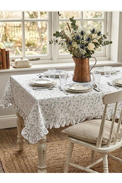 vintagetasarım τραπεζομάντηλο με λουλούδια vintage βολάν λευκό 140x120 εκ.