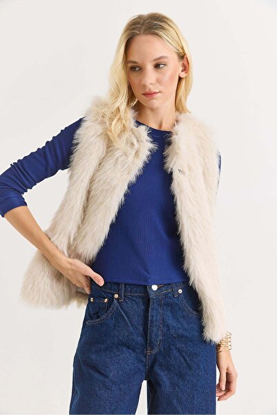 Raneel Kazançlı Alışveriş Faux Fur Sleeveless Shiny Vest Beige