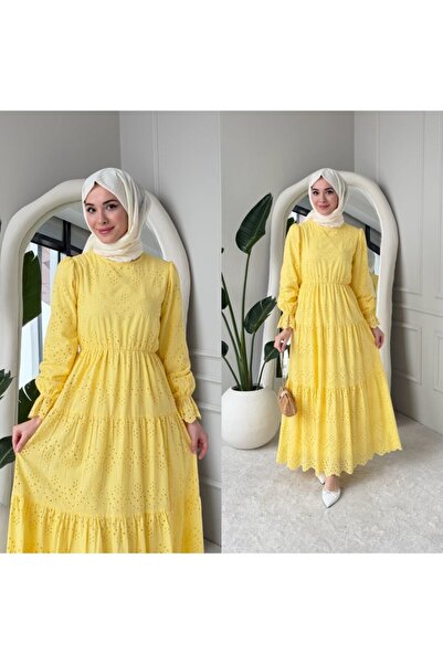 Nes Moda Kadın Bel Lastikli Kolu Fırfırlı Fisto Tesettür Elbise
