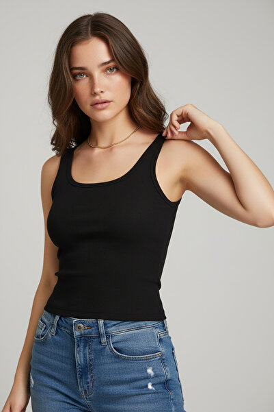 Anetos Women's Thick Strap Ribbed Basic Black Athlete Top in Stretchy Fabric