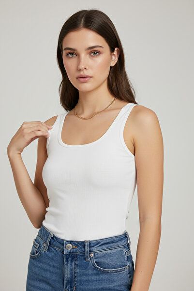 Anetos Women's Thick Strap Ribbed Basic White Undershirt Stretchy Fabric