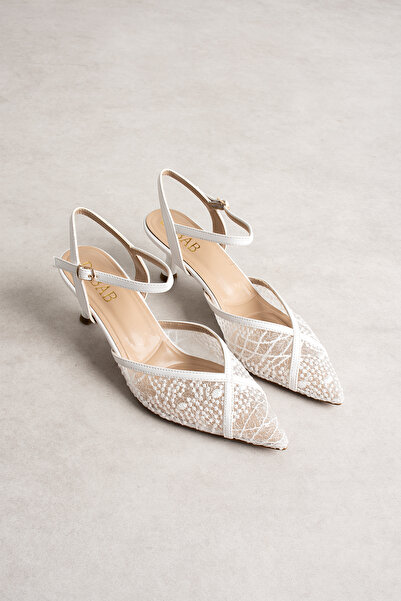 dabab shoes LACEVA Γυναικεία Λευκή Δαντέλα με Λεπτομέρεια Μυτερή Μύτη και Τακ...