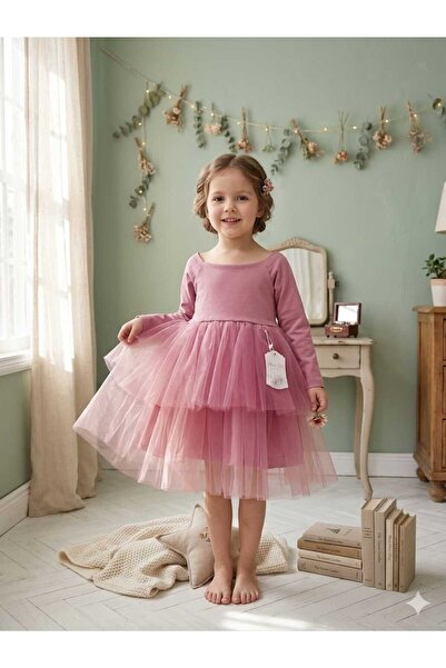 Lina Baby Bloom Uzun Kollu Kız Bebek Elbise Tül Etekli Fiyonklu Şık Model