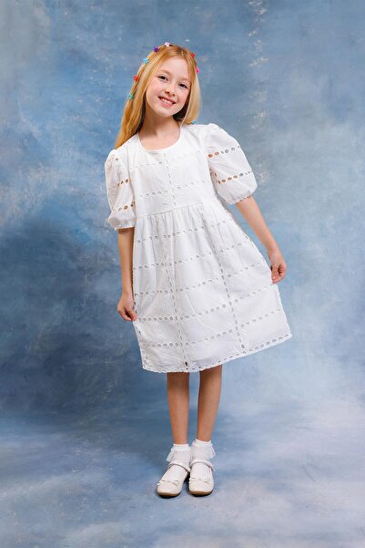 Perendi Rochie brodată cu mâneci bufante pentru fete – 100% bumbac, cu căptuș...