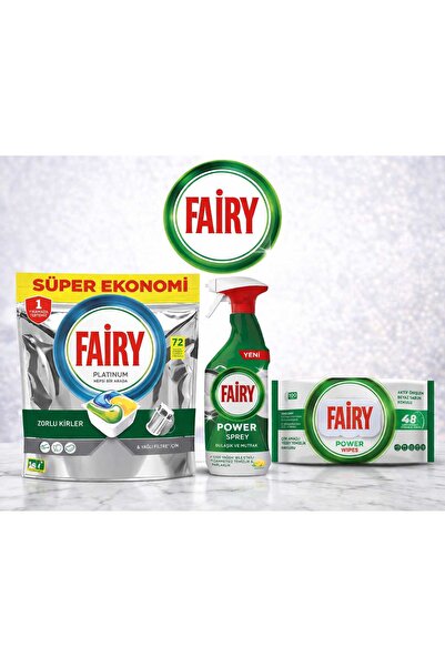 Fairy Platinum 72'li Bulaşık Makinesi Kapsülü + Power Spray + Power Wipes 3'l...