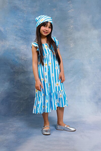 Perendi Κοριτσίστικο φόρεμα βισκόζης με ρίγες και σχέδιο μαργαρίτας με φουλάρι