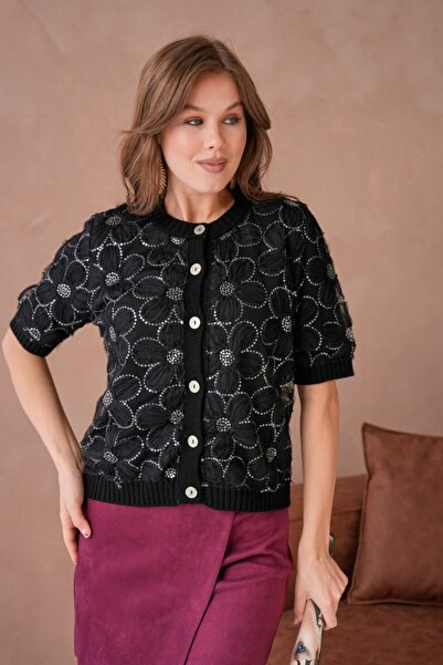 Noi Belis Floral Tulle Detailed Short Sleeve Knitwear Cardigan Ss26Hi0006