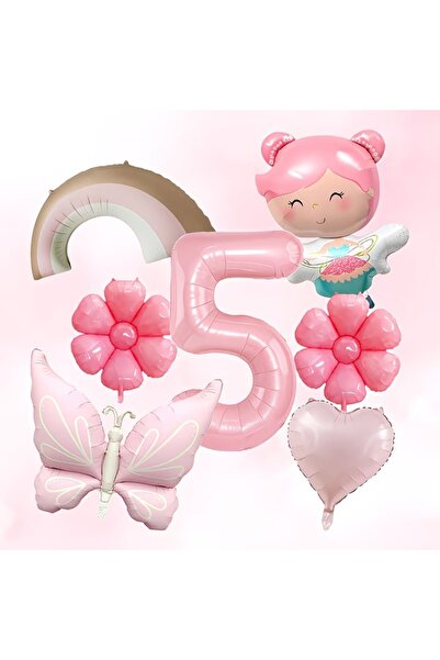 DÜVENCİ TİCARET Σετ γιορτής γενεθλίων με ροζ νεράιδα, πεταλούδα, αριθμητικό μ...