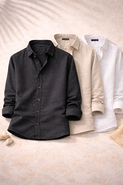 OTAKU Men's Sofia Linen Shirts Set of 3 Summer Breathable Comfortable Fit Sty...