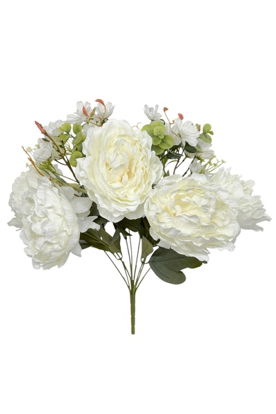 AFO Μπουκέτο με 9 Τεχνητές Μεγάλες Παιώνιες και Κλαδιά Κερασιάς σε χρώμα Ιβουάρ