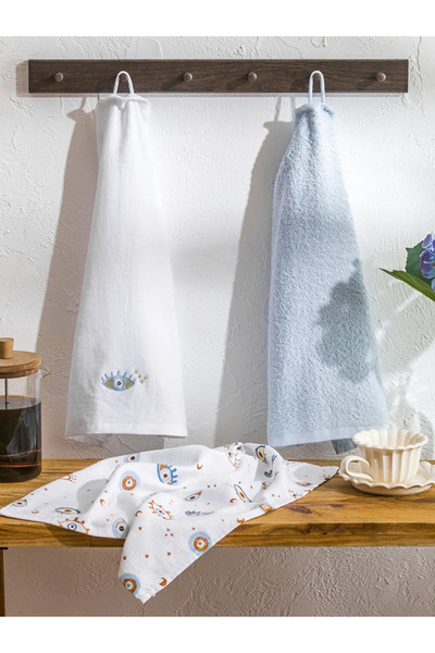 LC Waikiki LCW HOME Πανί Στεγνώματος με Σχέδιο Μπλε Μάτια, Σετ 3 τεμαχίων, 40...