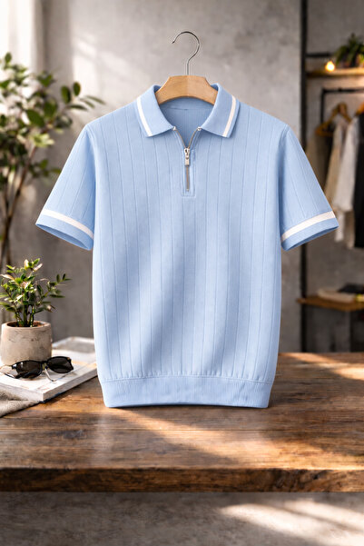 OTAKU Ανδρικό πλεκτό μπλουζάκι με φερμουάρ και λαιμόκοψη πόλο, κοντομάνικο, κ...